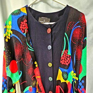 Carole Little bold print classic 1980s dress, smocked waist/hip, fabric Germany